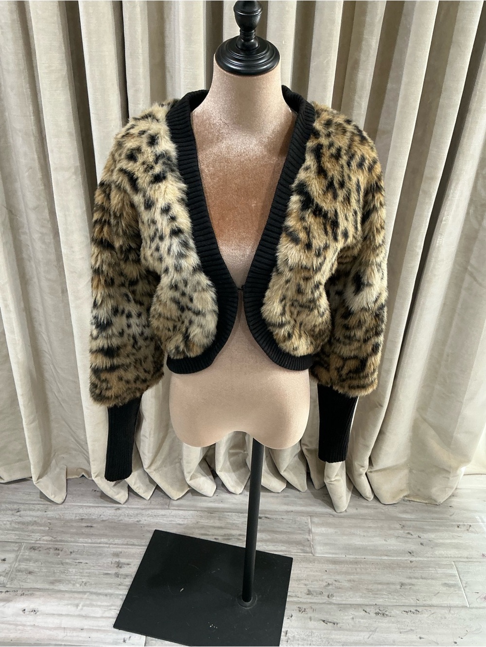 Michael Kors Leopard Print Faux Fur Cropped Cardigan with Black Trim